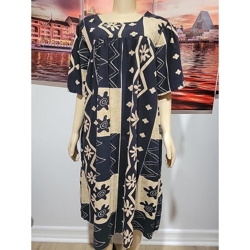 Capistrano House Dress Size 1X MuuMuu Kaftan Lounge W/Pockets Taupe Black #C - Picture 6 of 8